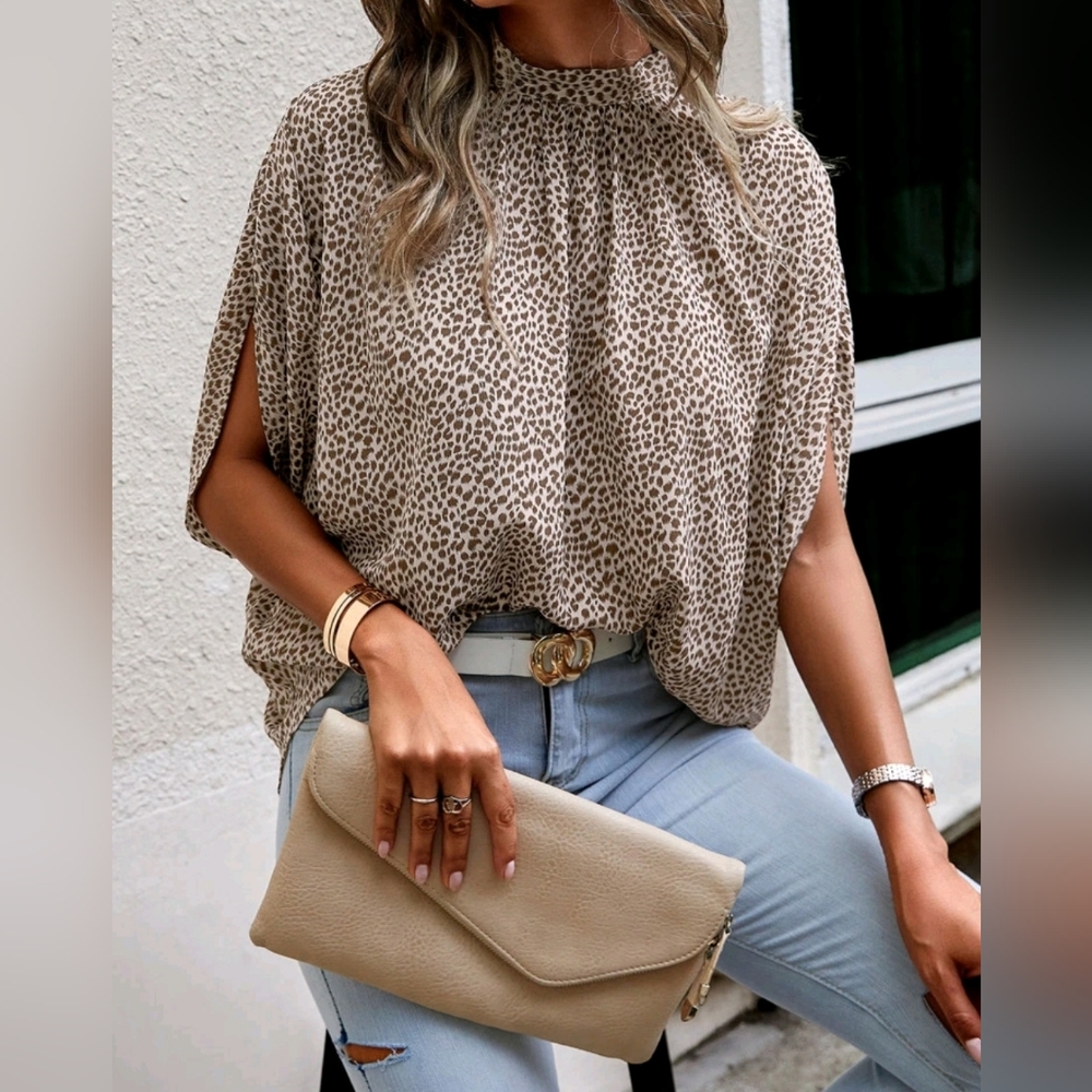 New Luxe Flowy Dot Print Tie Dolman Sleeve Top Blouse Brown Tan Khaki Cream - Picture 6 of 8